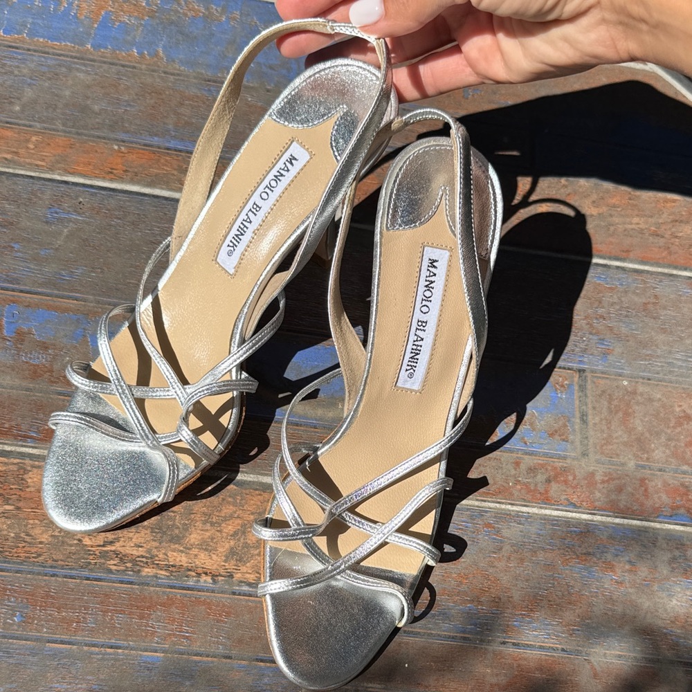 Manolo Blahnik Silver Strappy Slingback Heels